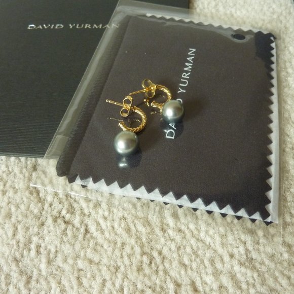 DAVID YURMAN 18K Gold 'Solari' Grey Pearl & Diamond Hoop Drop Earrings (NEW) - Picture 5 of 12